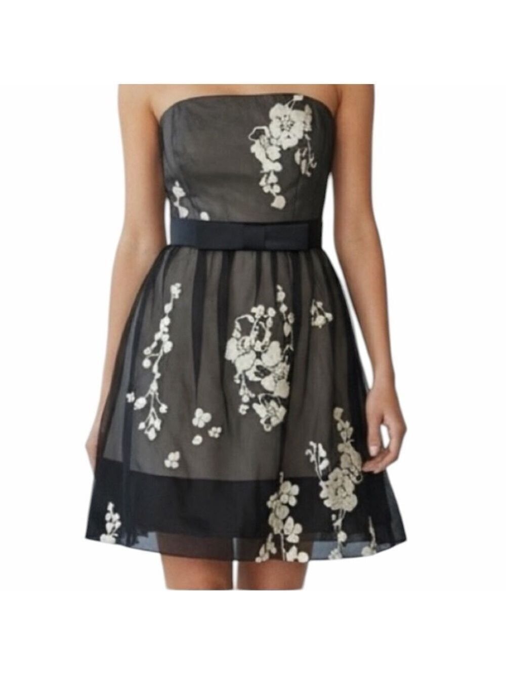 White House Black Market Black Silk Chiffon Strapless Floral Appliqués Size 4 EC